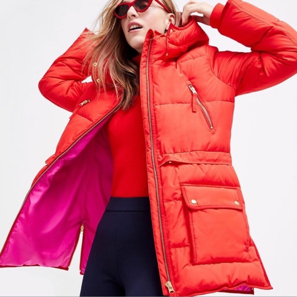 J. Crew Women’s Long Puffer Jacket Sherpa in Red Pink Combo size 2X NWT
